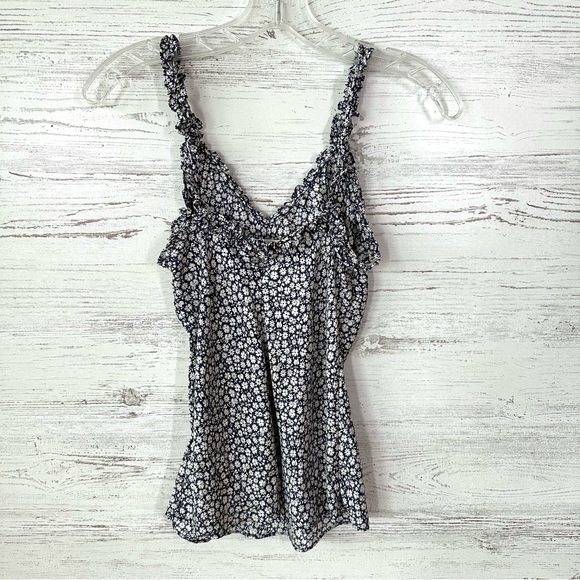 REBECCA TAYLOR 100% Silk Ditzy Floral Ruffle Tank Top XS Navy White Cottagecore - Picture 6 of 9